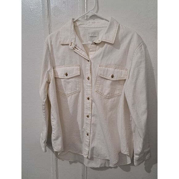 American Eagle Womens Medium Off White Full Button Denim Shirt - Picture 1 of 7